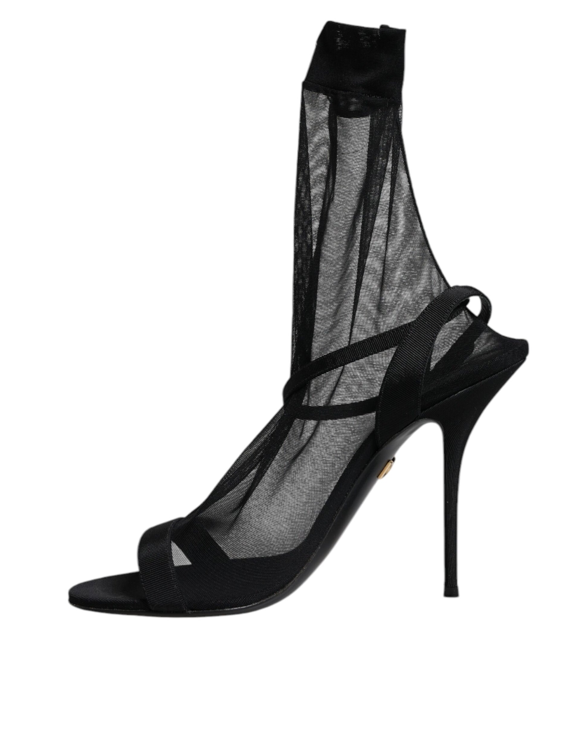 Black Tulle Stretch Heels Sandals Shoes