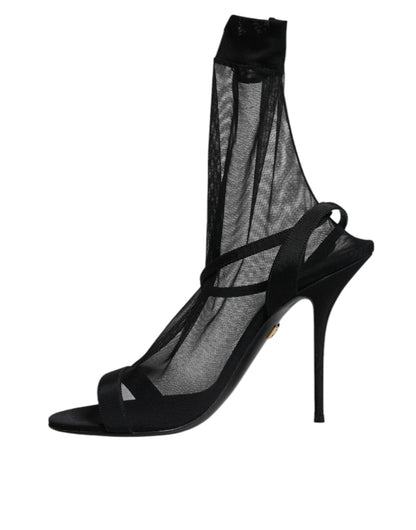 Black Tulle Stretch Heels Sandals Shoes