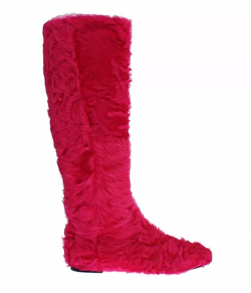 Pink Lamb Fur Leather Flat Boots Shoes
