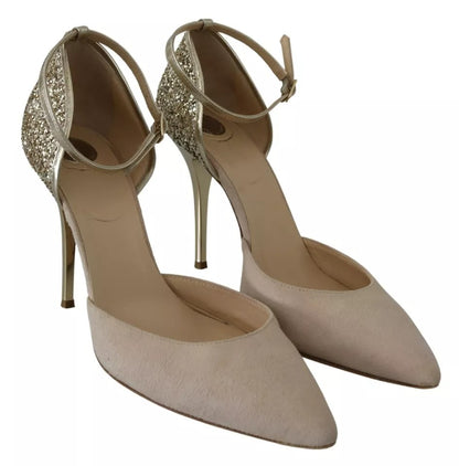 Beige Linen Ankle Strap High Heels Shoes