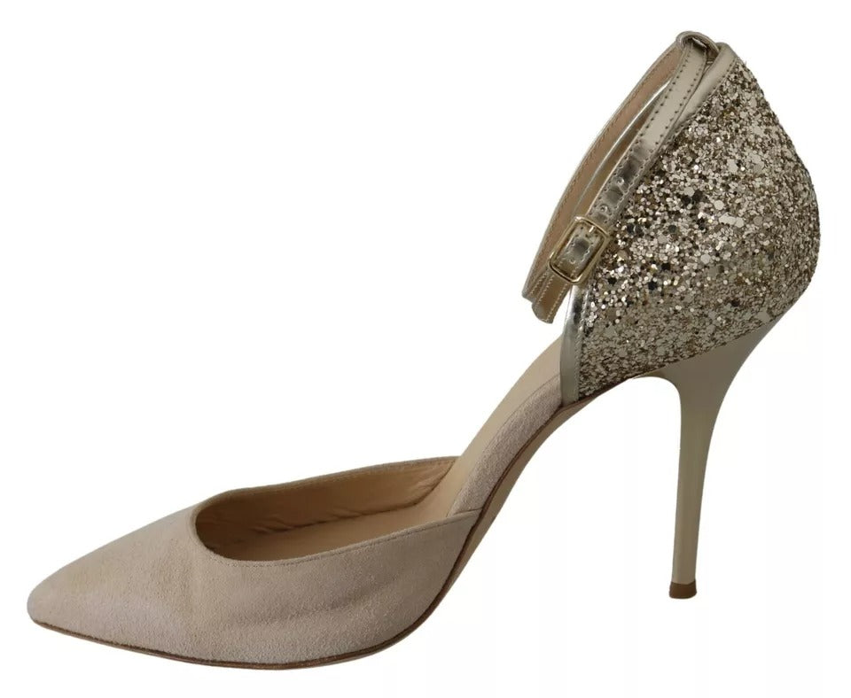 Beige Linen Ankle Strap High Heels Shoes