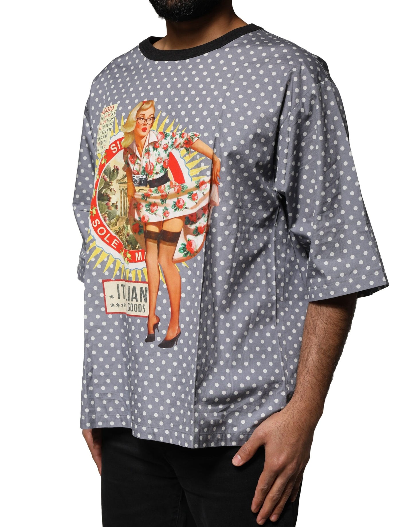 Gray Polka Dot Pin-Up Print Crew Neck T-shirt