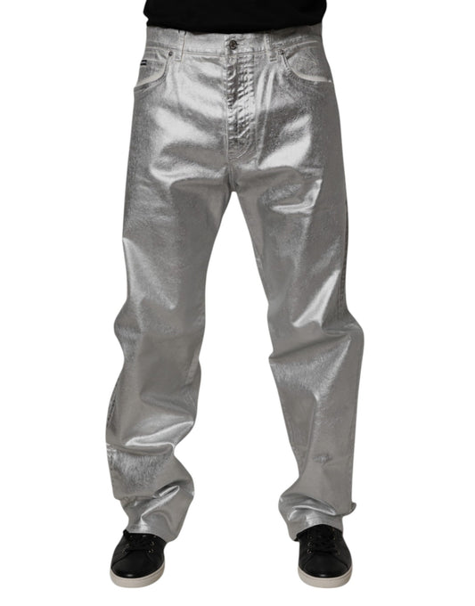 Metallic Silver Cotton Straight Denim Jeans