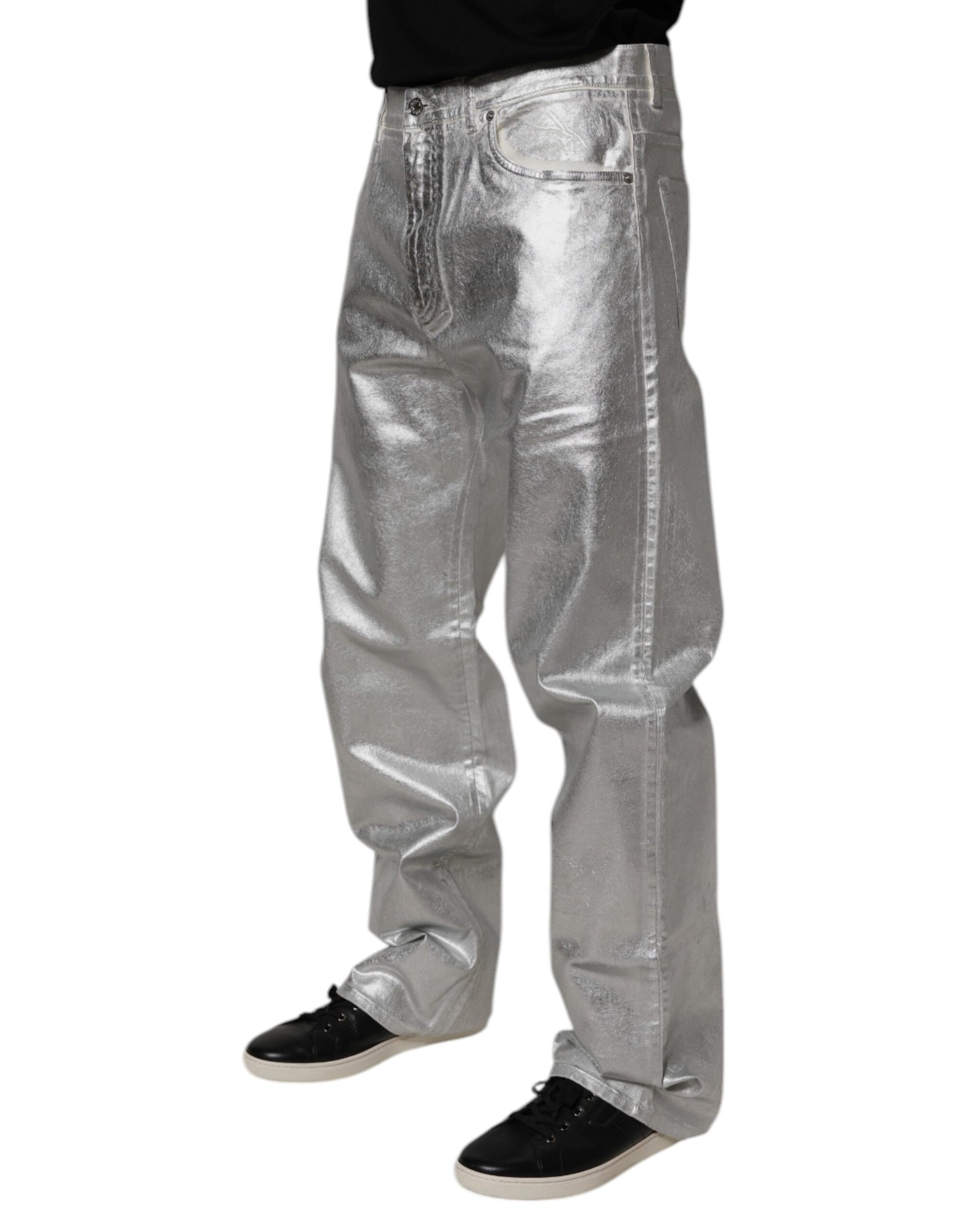 Metallic Silver Cotton Straight Denim Jeans