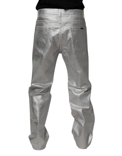 Metallic Silver Cotton Straight Denim Jeans