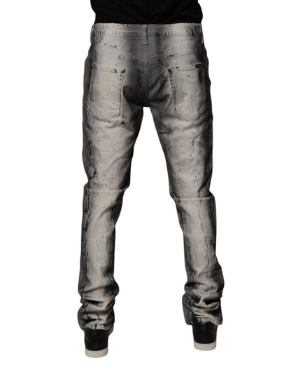Gray Tie Dye Cotton Skinny Men Denim Jeans