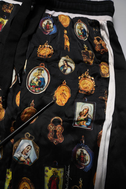 Black Religious Print Silk Men Jogger Pants