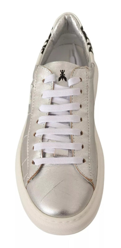Silver Full Grain Leather Lace Up Sneakers Shoes