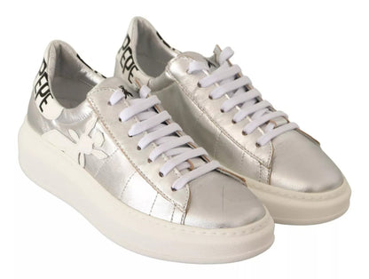 Silver Full Grain Leather Lace Up Sneakers Shoes