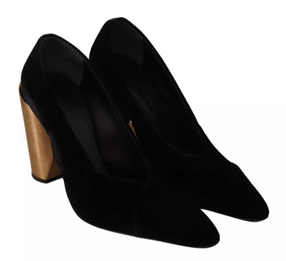 Black Leather Suede Block Heels Pumps Shoes