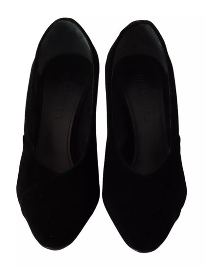 Black Leather Suede Block Heels Pumps Shoes