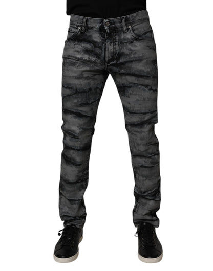 Gray Tie Dye Cotton Skinny Men Denim Jeans