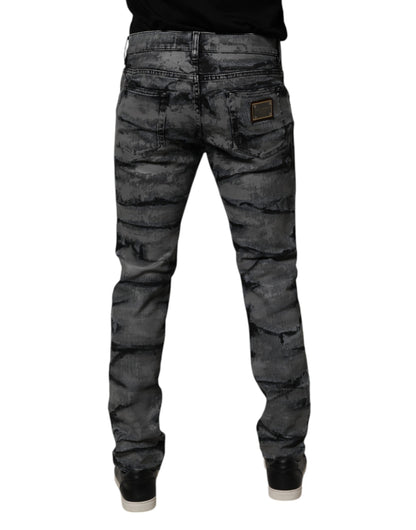 Gray Tie Dye Cotton Skinny Men Denim Jeans