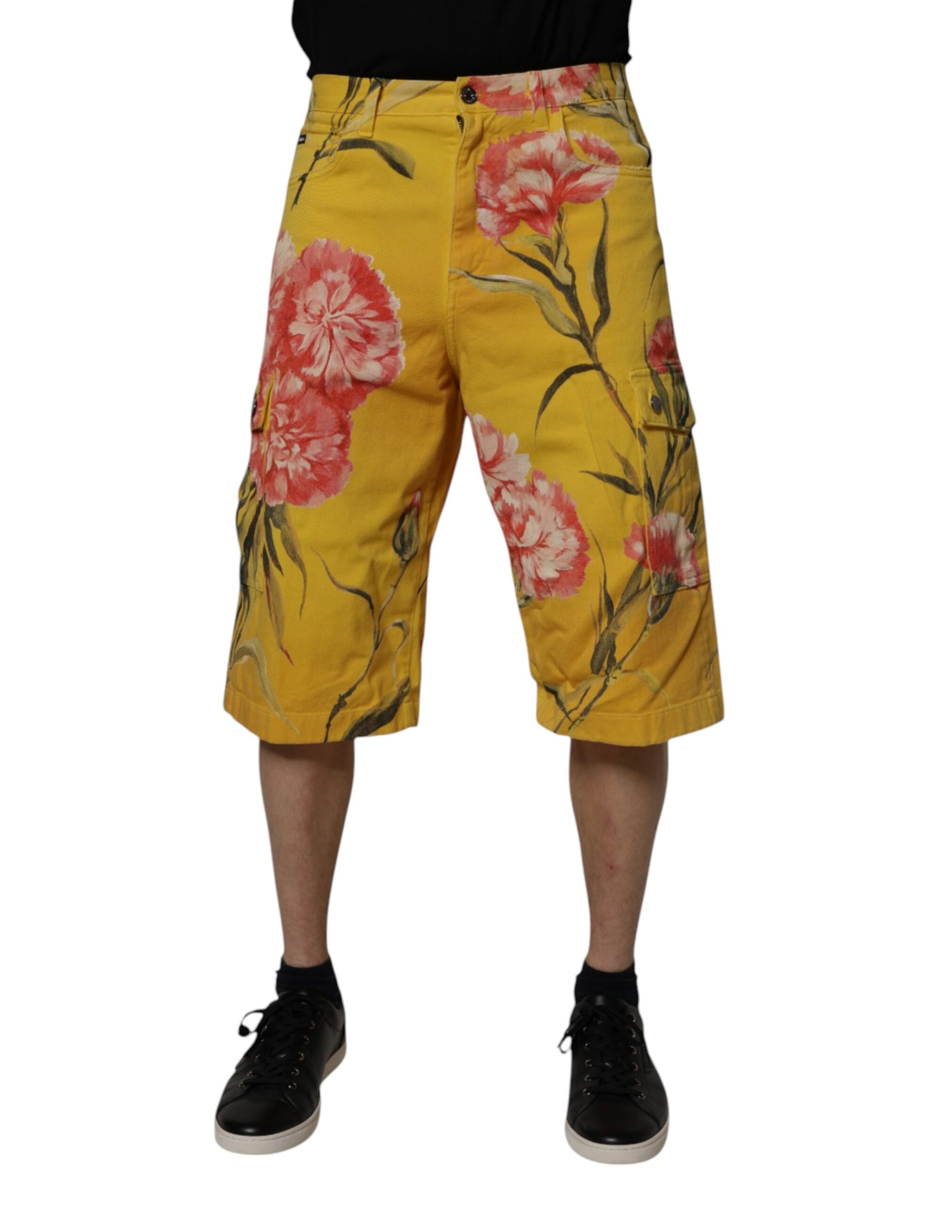 Yellow Floral Cargo Denim Men Bermuda Shorts