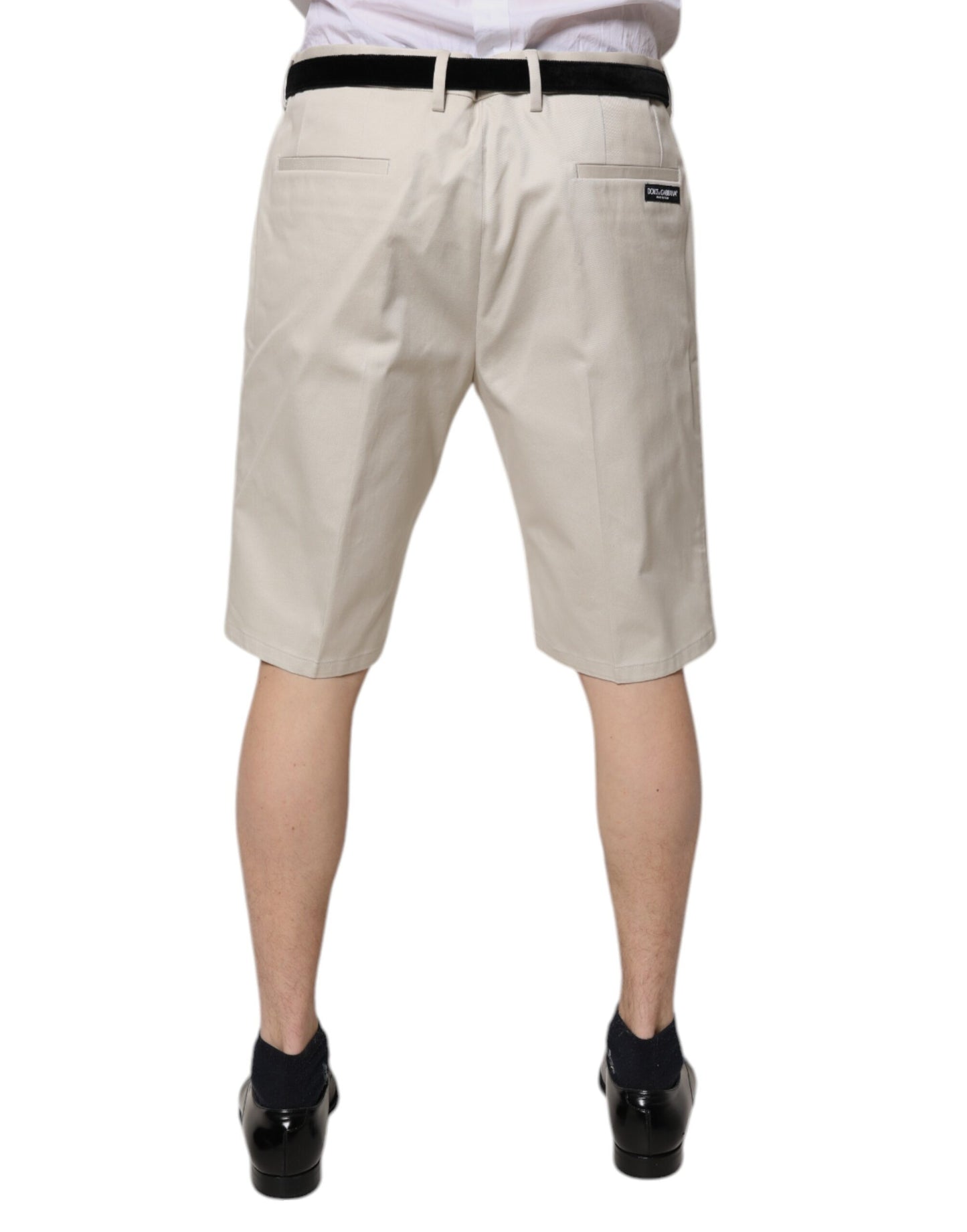 Beige Cotton Stretch Mid Waist Bermuda Shorts