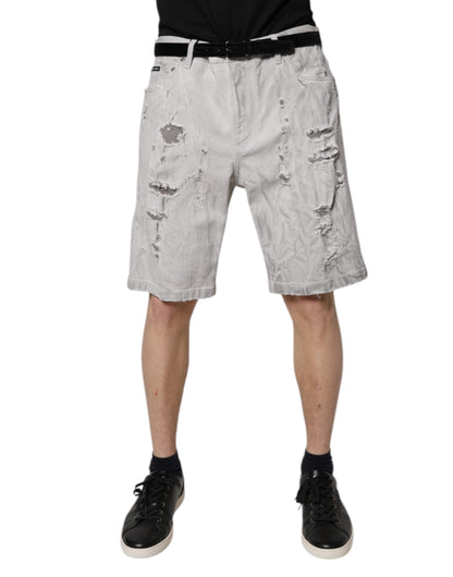 Light Gray Tattered Men Denim Bermuda Shorts