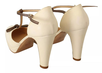 Beige T-Strap Block Heels Pumps Leather Shoes