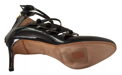 Black Multi Strap Leather Mid Heels Pumps Shoes