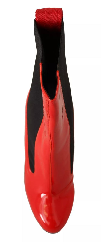 Red Leather Black Fabric Logo Heel Ankle Boots Shoes