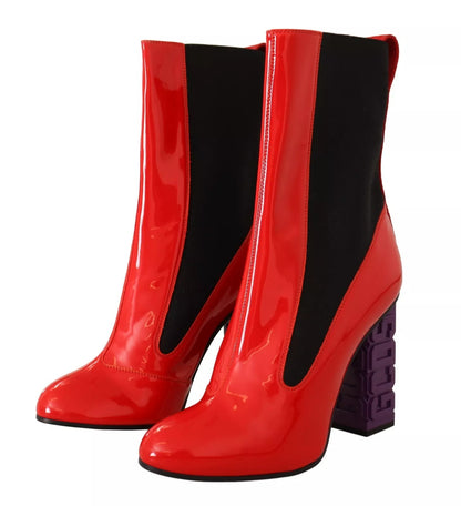 Red Leather Black Fabric Logo Heel Ankle Boots Shoes