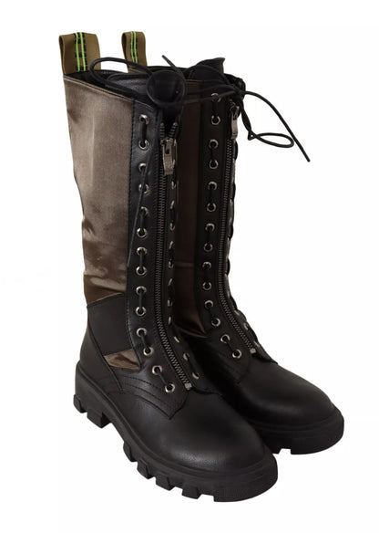 Black Green High Combat Boots Lace Up Military Shoes