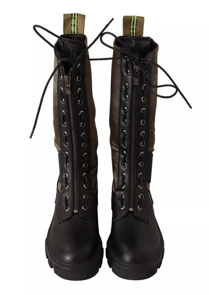 Black Green High Combat Boots Lace Up Military Shoes