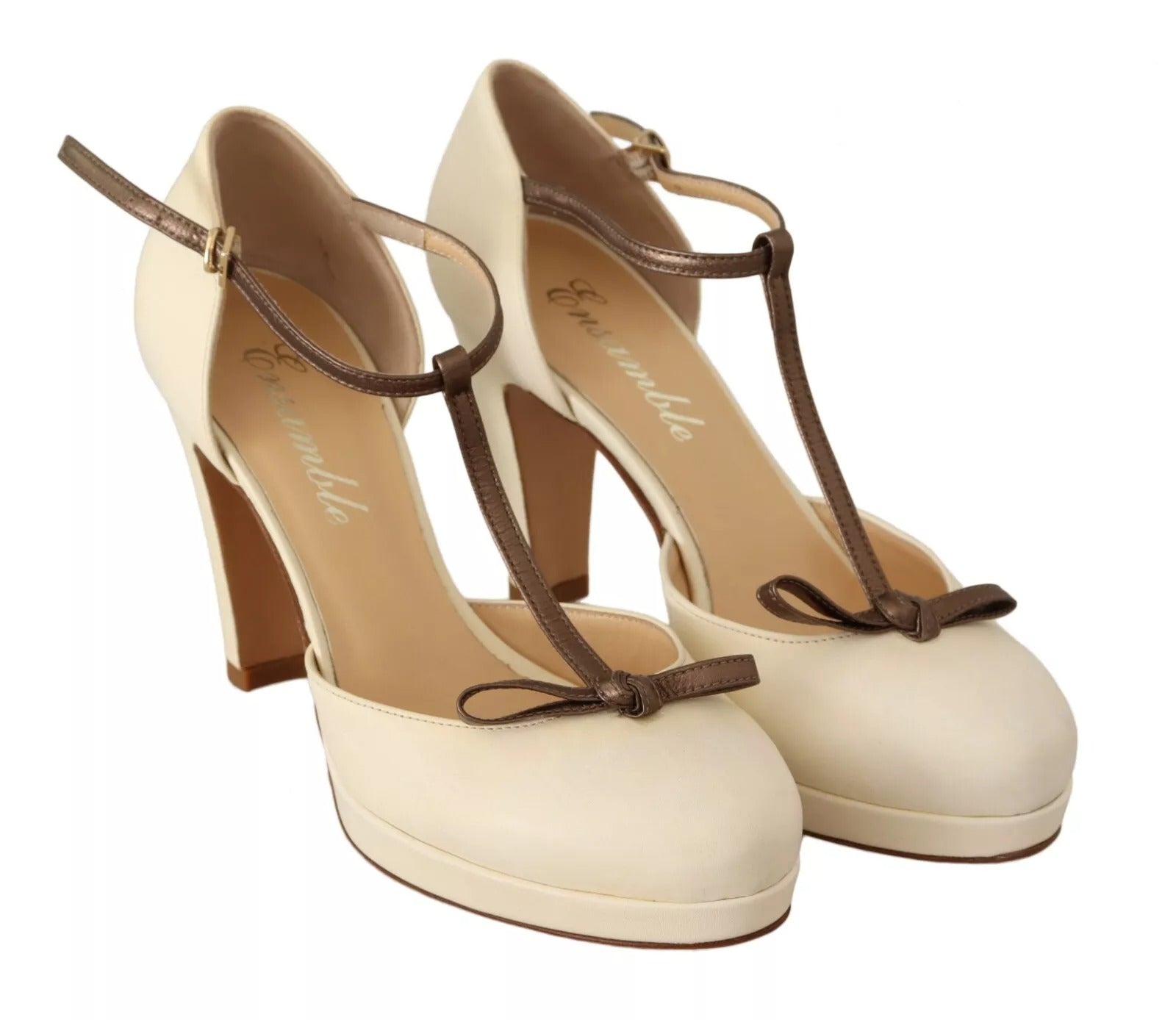 Off White Leather T-Strap Heels Sandals Shoes