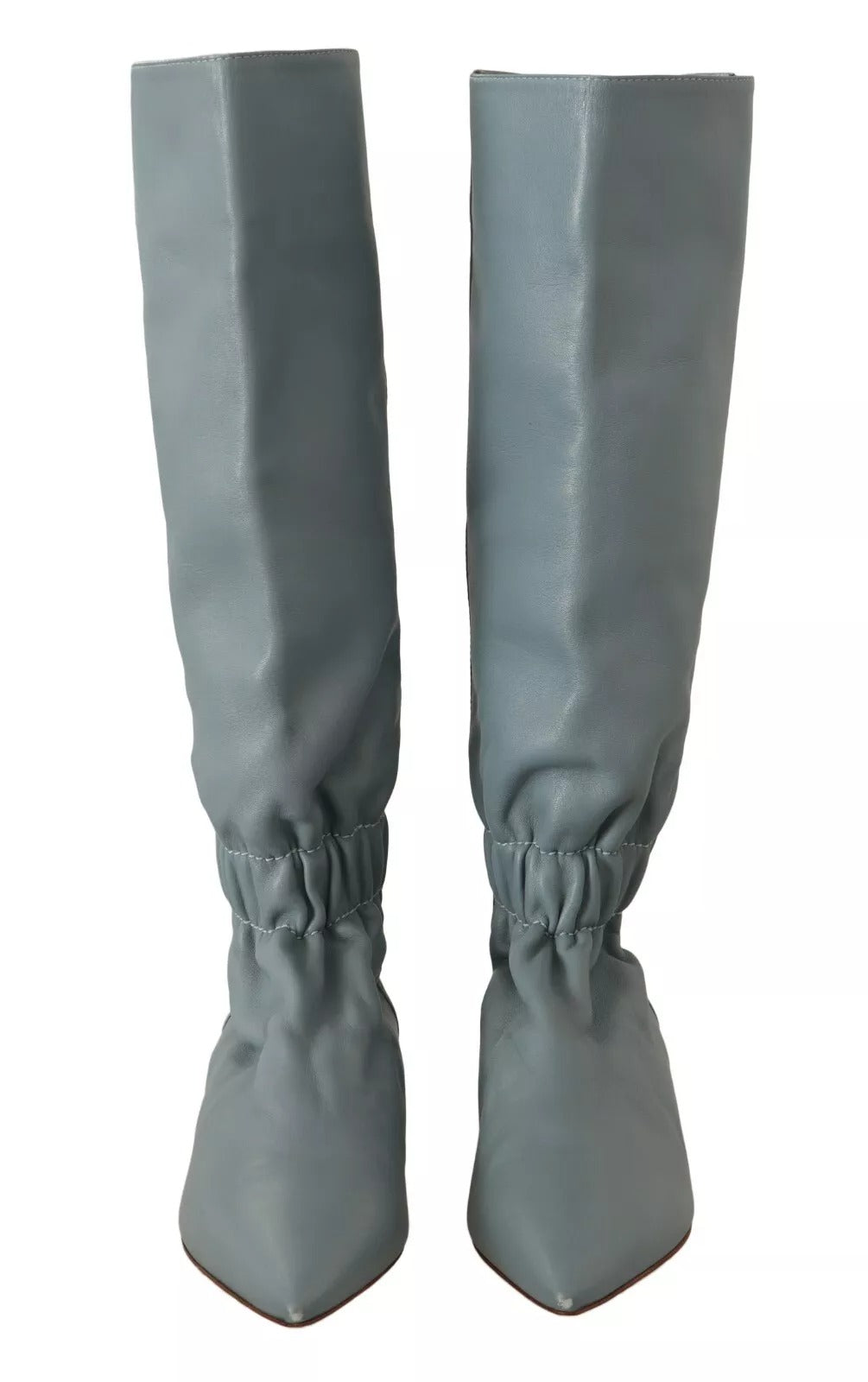 Blue Leather Elastic Flats Pull On Knee High Boots Shoes
