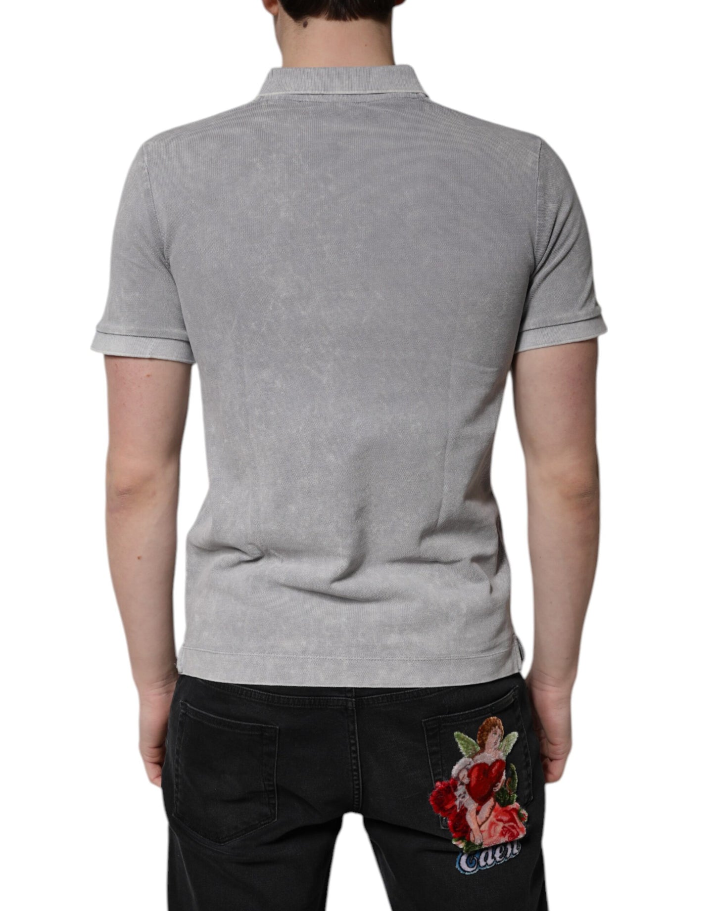 Gray Logo Plaque Cotton Men Polo Shirt T-shirt
