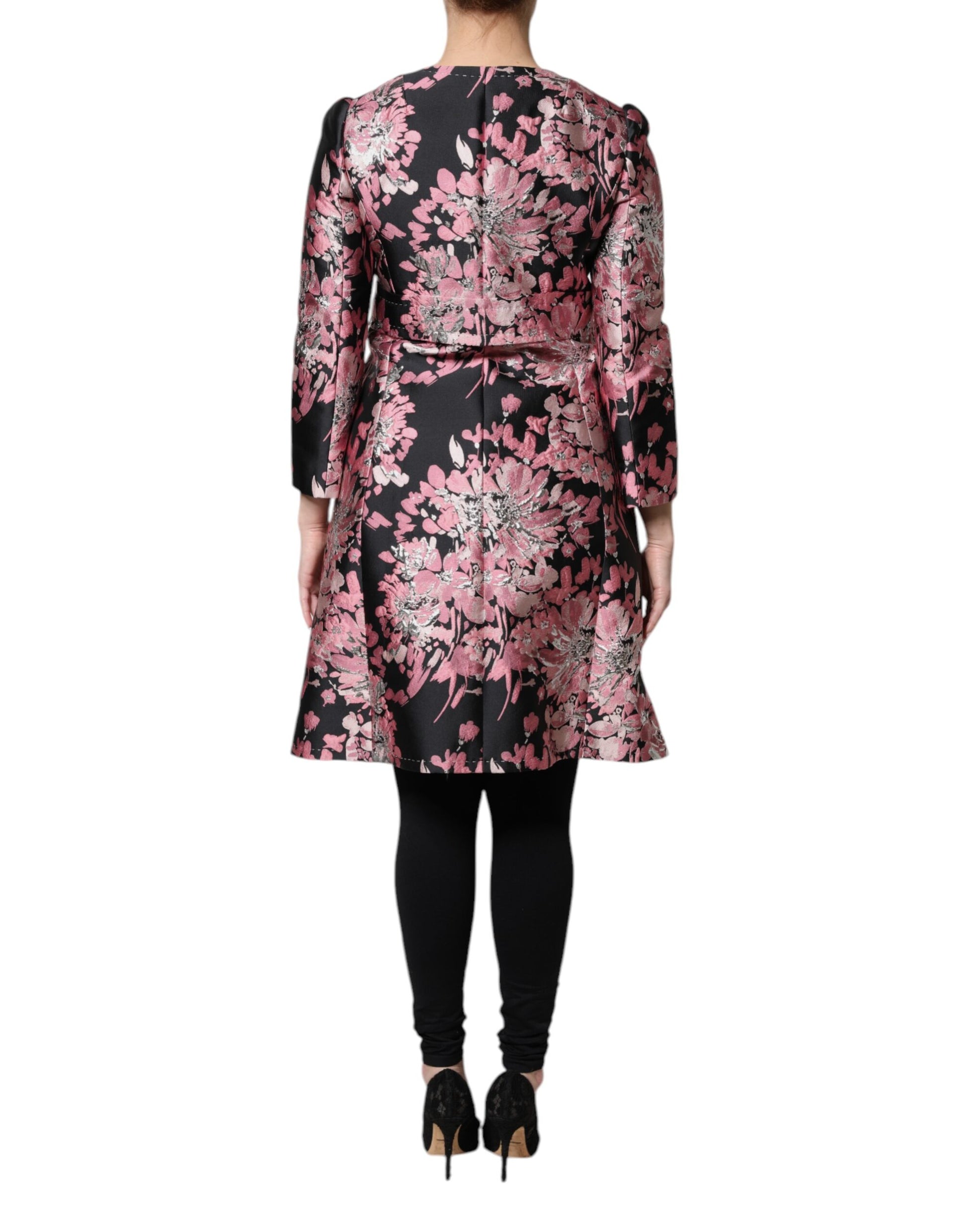 Pink Black Floral Brocade Trenchcoat Jacket