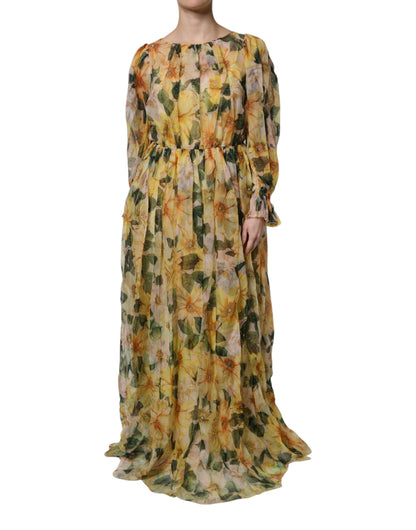 Yellow Floral Print Silk Maxi Long Gown Dress