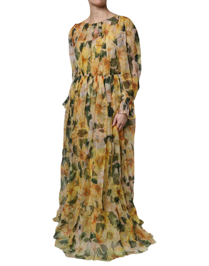Yellow Floral Print Silk Maxi Long Gown Dress