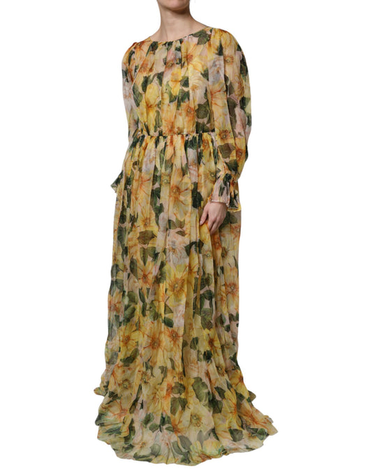 Yellow Floral Print Silk Maxi Long Gown Dress