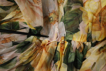 Yellow Floral Print Silk Maxi Long Gown Dress