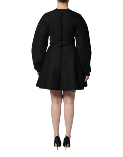 Black Cotton Long Sleeves A-line Mini Dress