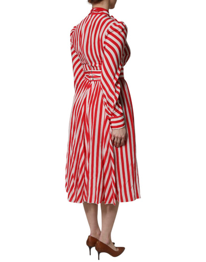 White Red Stripes Long Sleeves Midi Dress