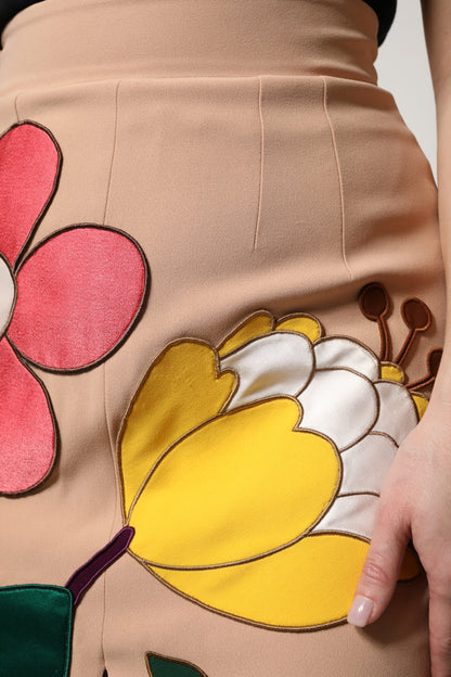 Beige Floral High Waist Pencil Cut Skirt