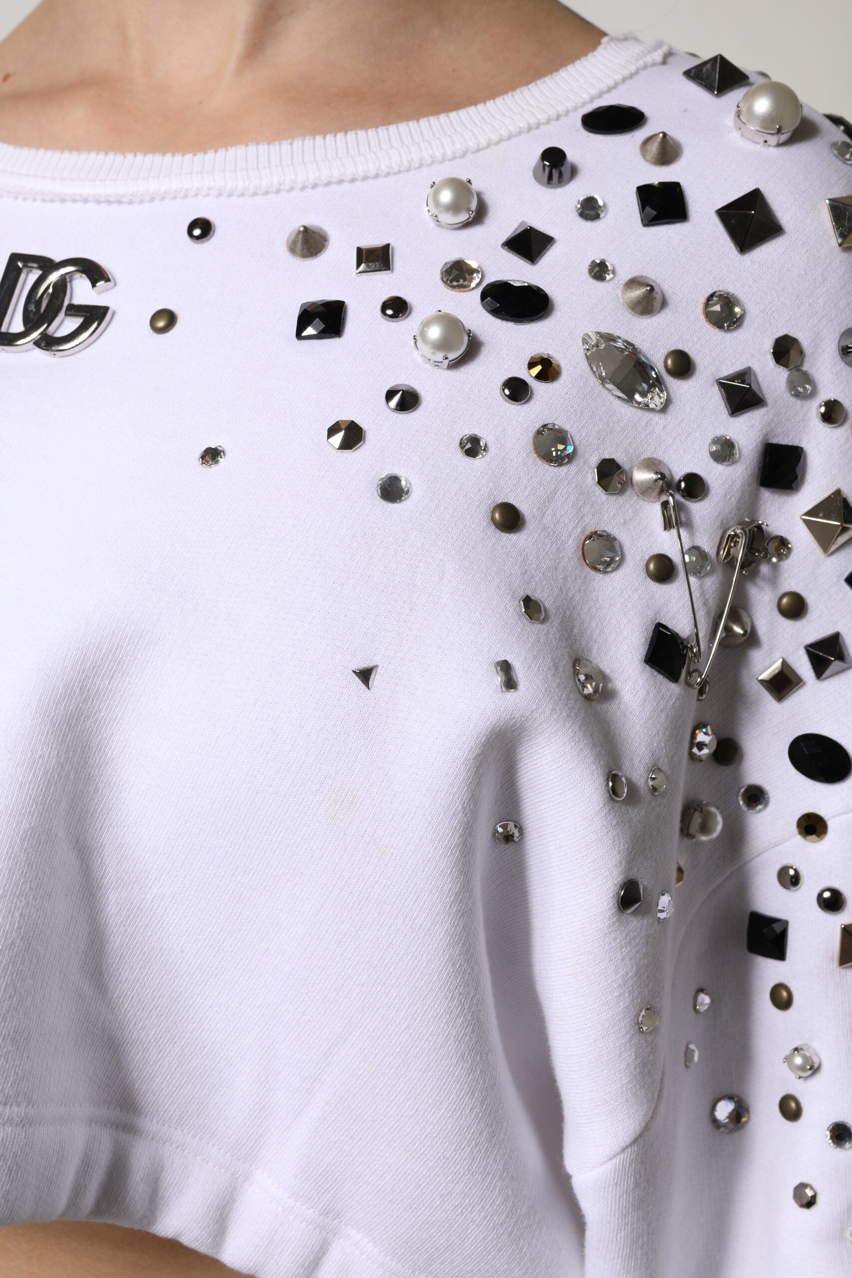 White Embellished Long Sleeve Cropped Sweater