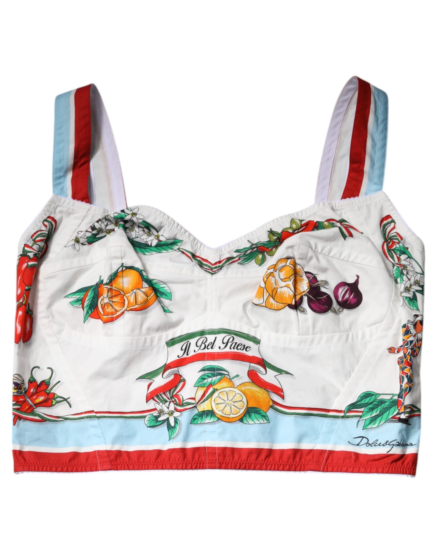 White Vegetable Print Sweetheart Cropped Top