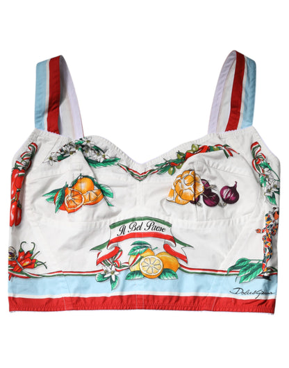White Vegetable Print Sweetheart Cropped Top