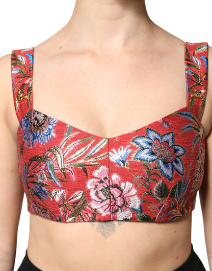 Red Floral Brocade Cropped Bustier Corset Top