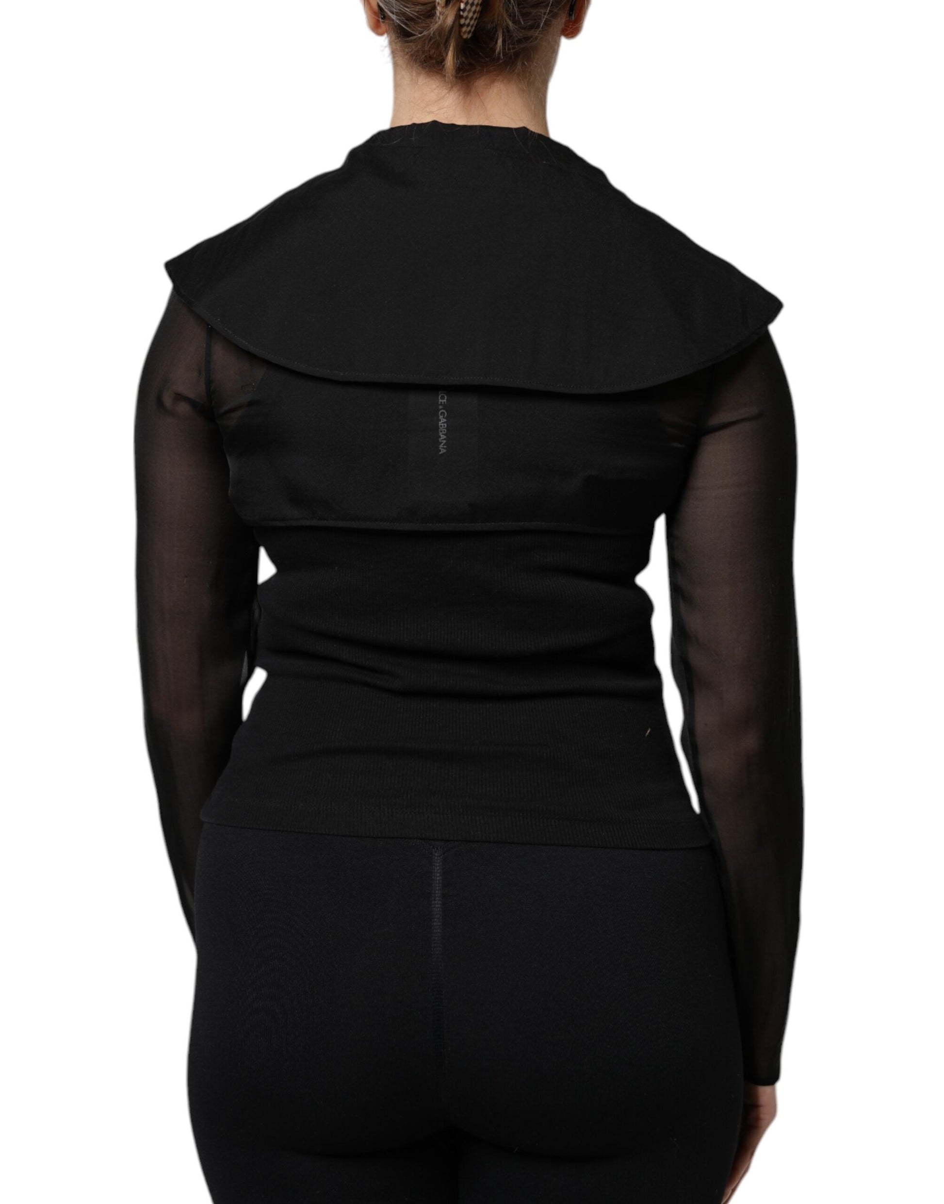 Black Silk Sheer Long Sleeves Blouse Top