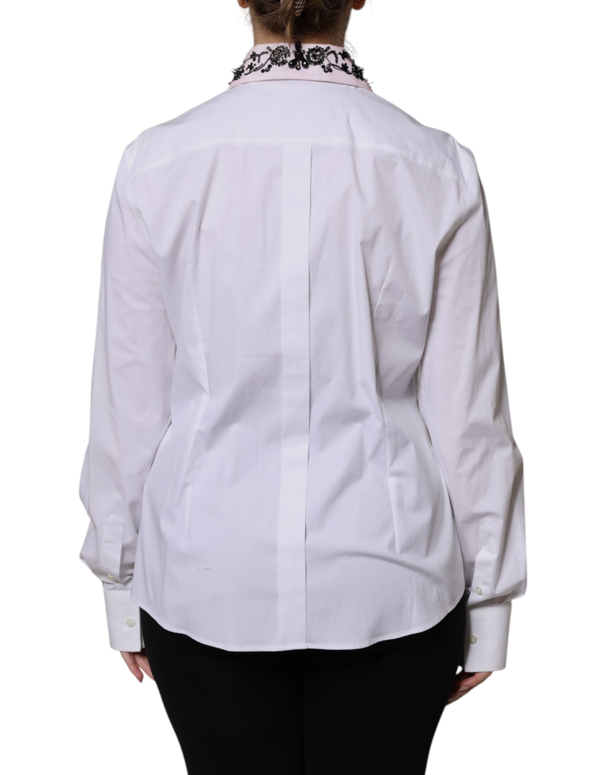 White Embellished Collared Dress Shirt Top