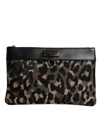 Multicolor Leopard Jacquard Print Logo Plaque Pouch Bag