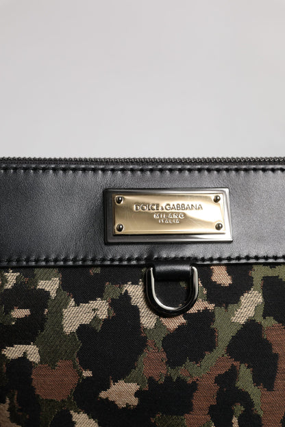 Multicolor Leopard Jacquard Print Logo Plaque Pouch Bag