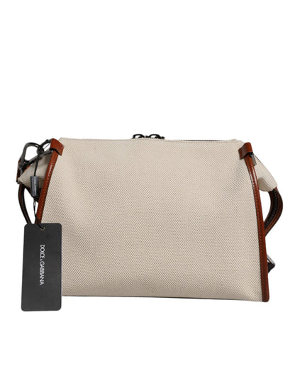 Beige Brown Cotton Leather Duffle Shoulder Bag