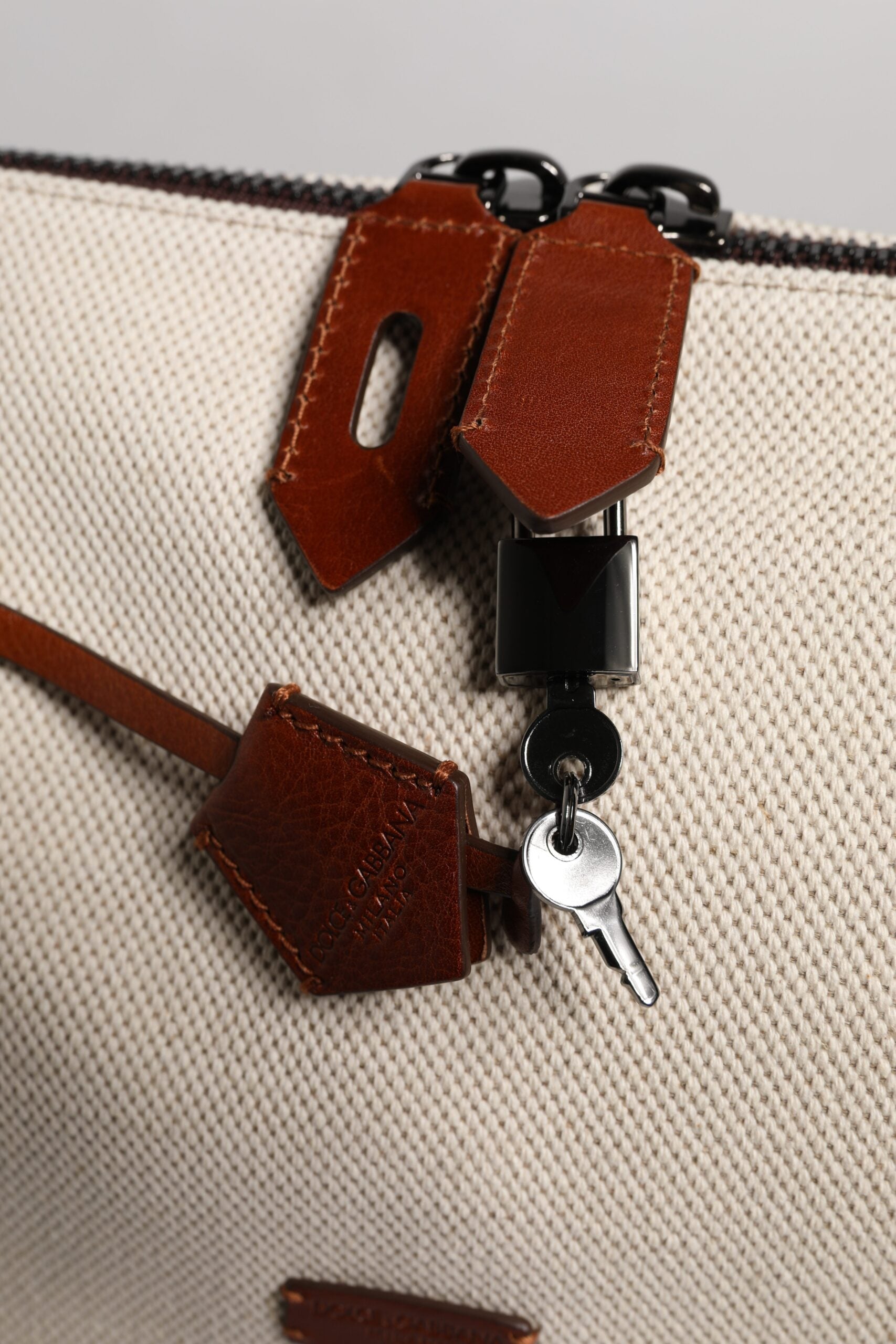 Beige Brown Cotton Leather Duffle Shoulder Bag