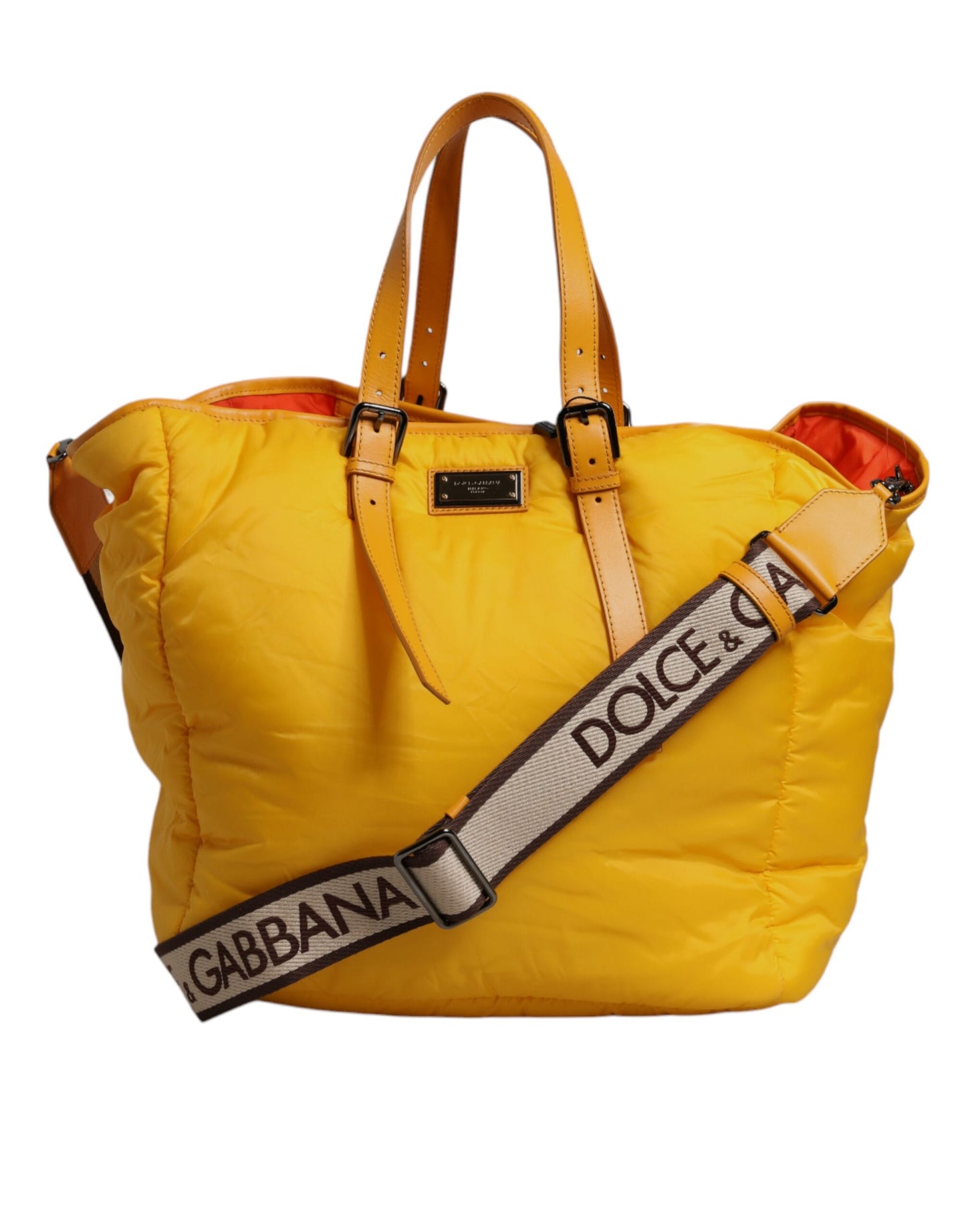 Yellow Orange Nylon Logo Plaque Hand Shoulder Duffle Bag