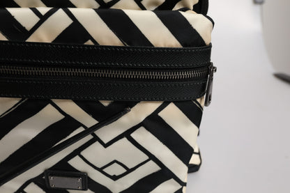 Black White Nylon Leather Travel Back Pack Bag
