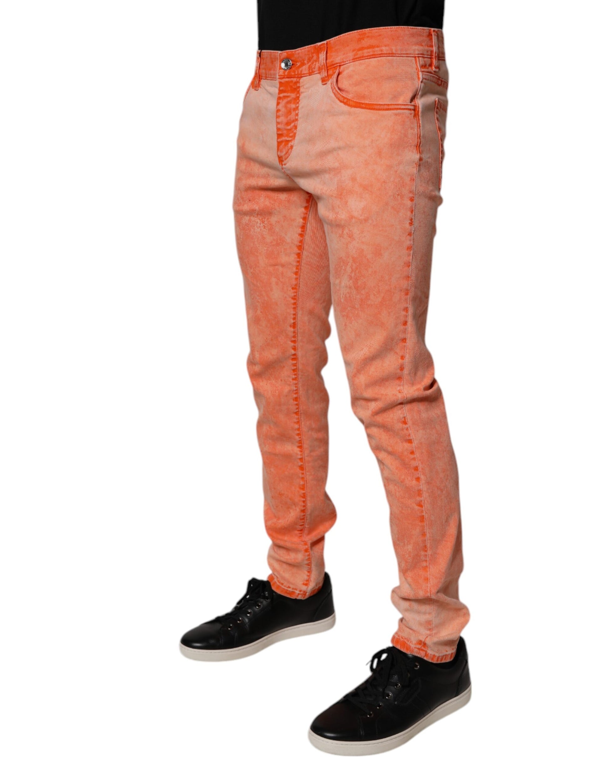 Orange Tie Dye Cotton Skinny Men Denim Jeans